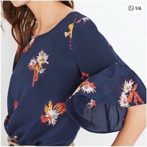Madewell Silk Blouse, navy w/ cactus flower print & ruffles sleeves, small